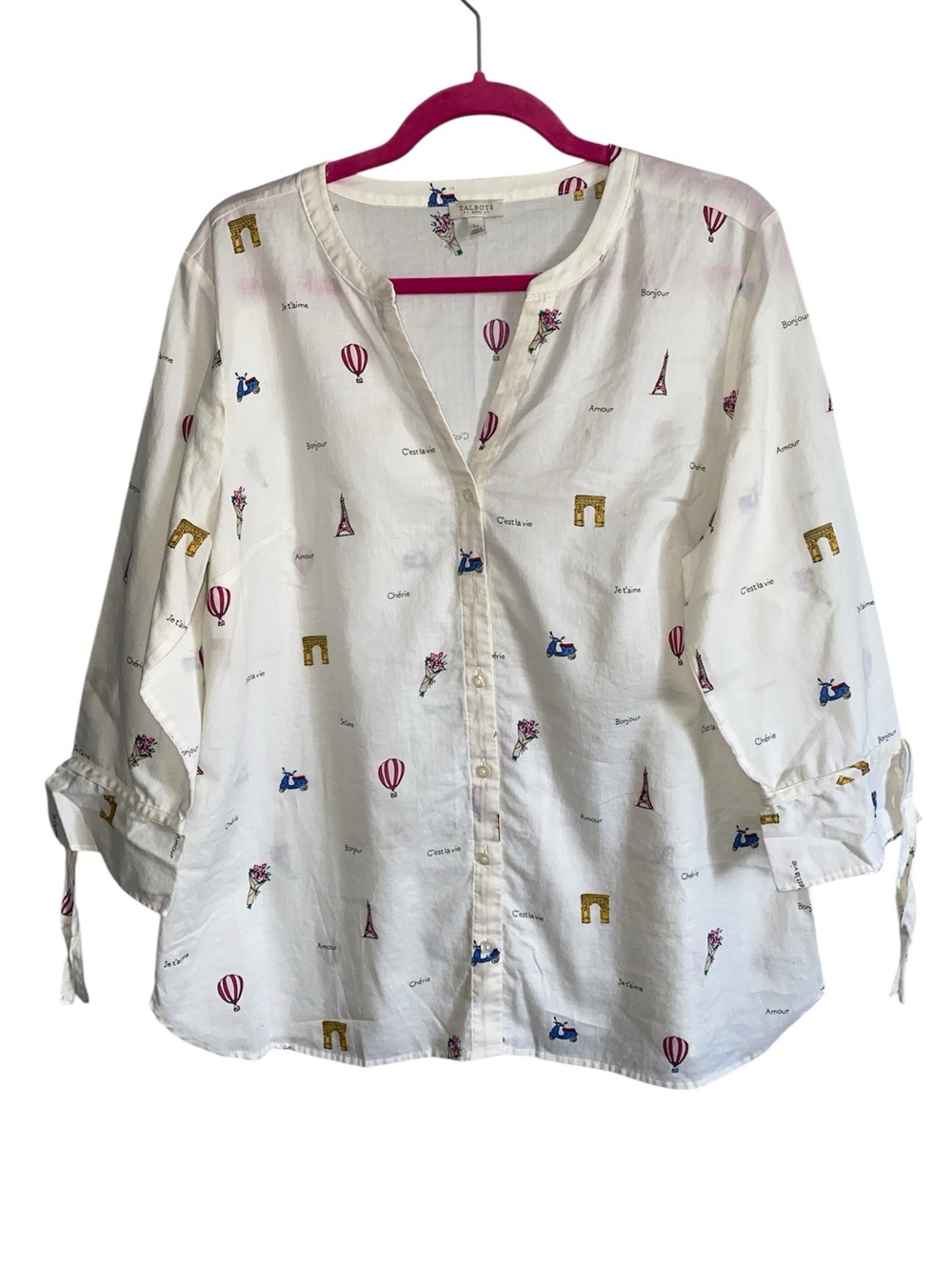 Talbots Button Up Blouse White Cotton Large Petite French Prints Classic Preppy